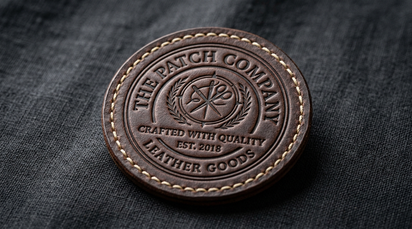 Premium leather patch embossed with a brand logo