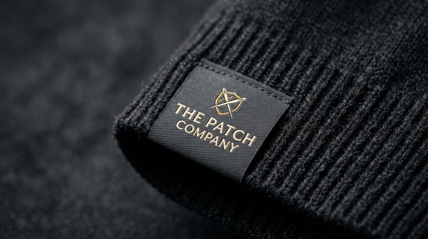 Woven hem label attached to finished fabric